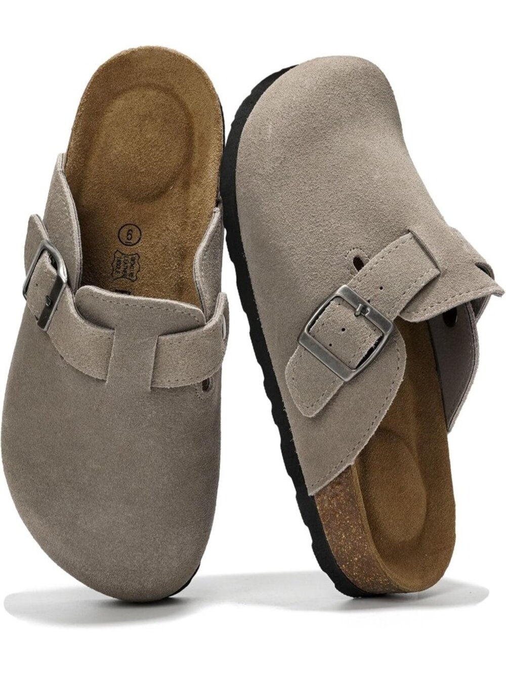 🆕Women's Grey Leather Slip-ons Footbed Clogs Memory Foam Sandals Casual